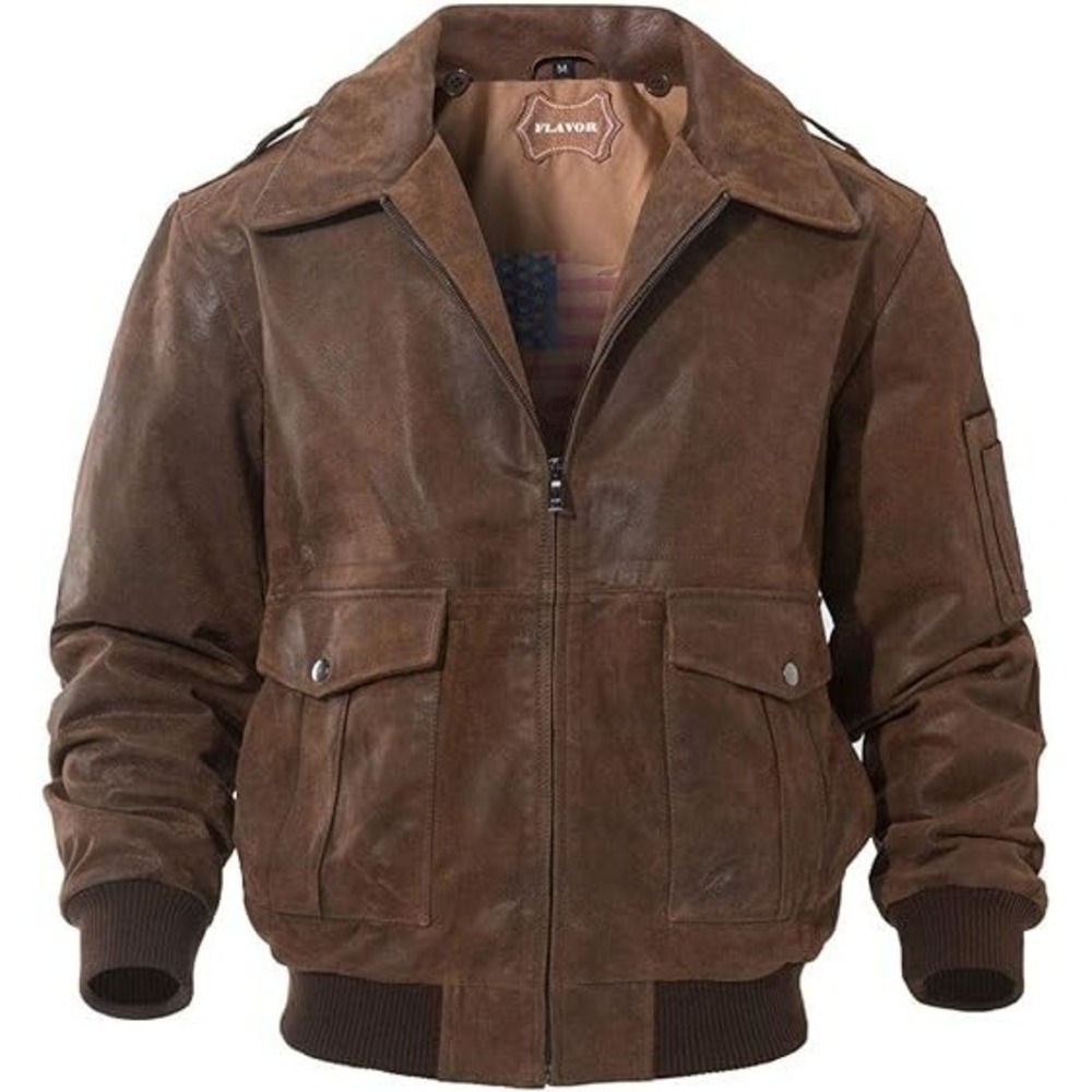 FLAVOR Men's Leather Flight Bomber Jacket‎ Air Force Aviator Brown (Small)